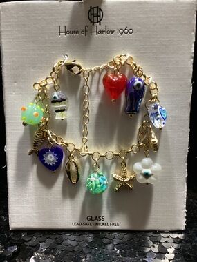 House of Harlow 1960 Gold Charm Bracelet with Colorful Glass Charms